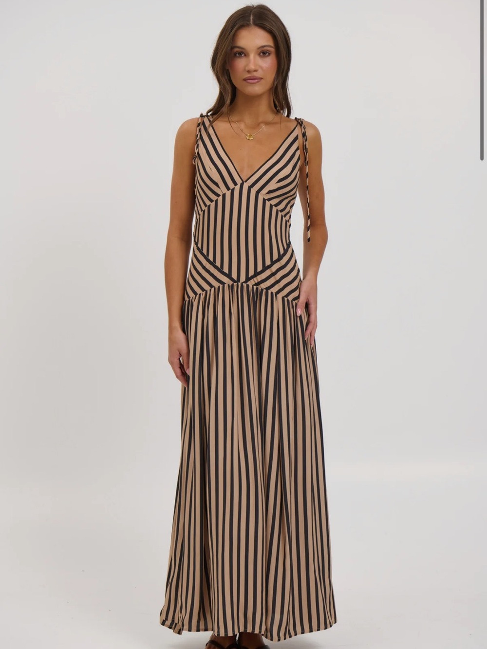 Striped V-Neck Maxi Dress in Tan and Black